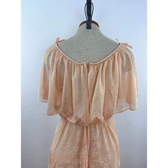 Vintage 70s Chiffon Dress Split Sleeve Maxi Capelet Peach Floral Split Sleeve - Picture 3 of 16